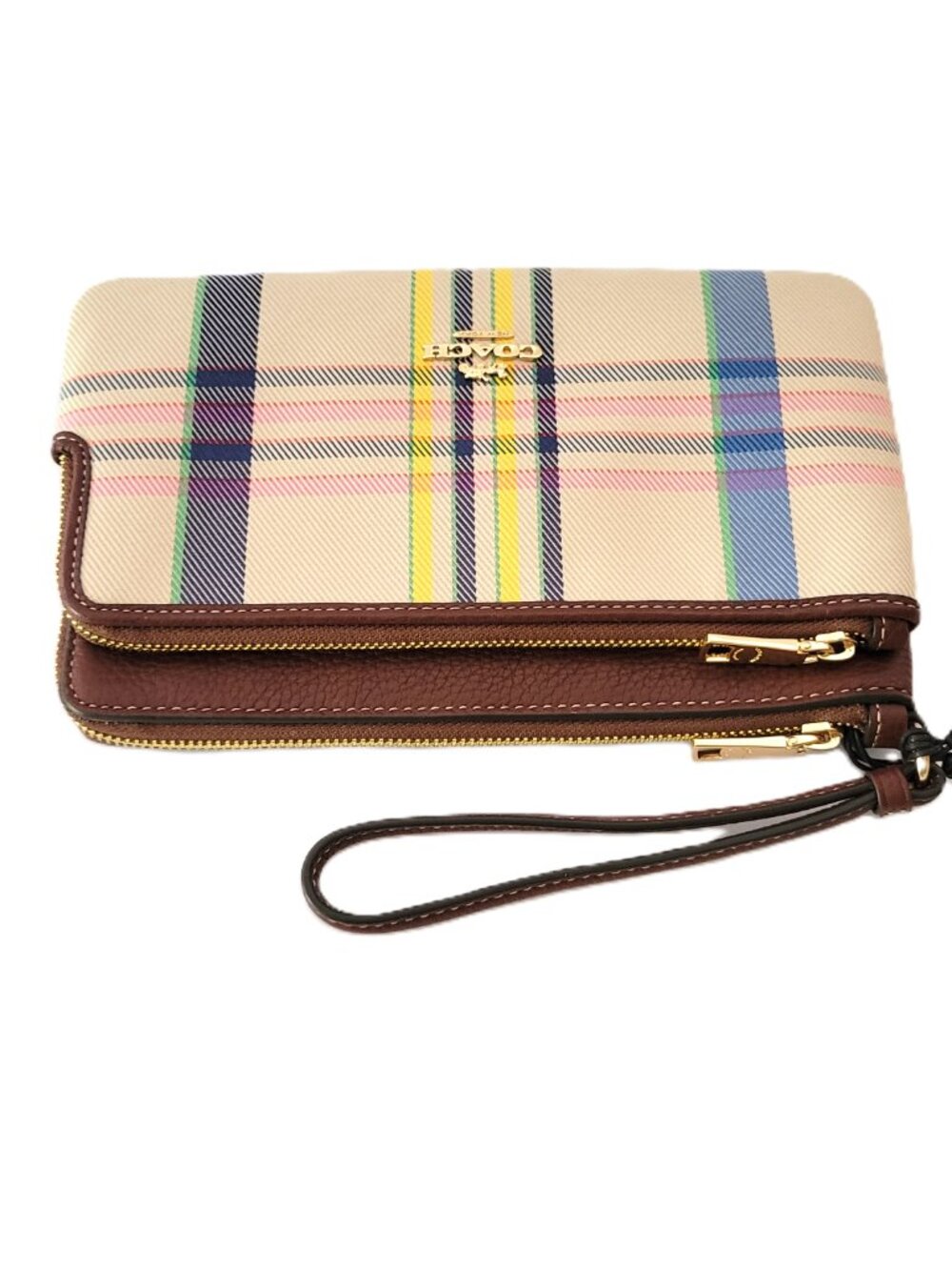 Coach CBO26 Double Zip Wallet Plaid Canvas Leather Clutch Wristlet Dark Natural - Picture 5 of 7